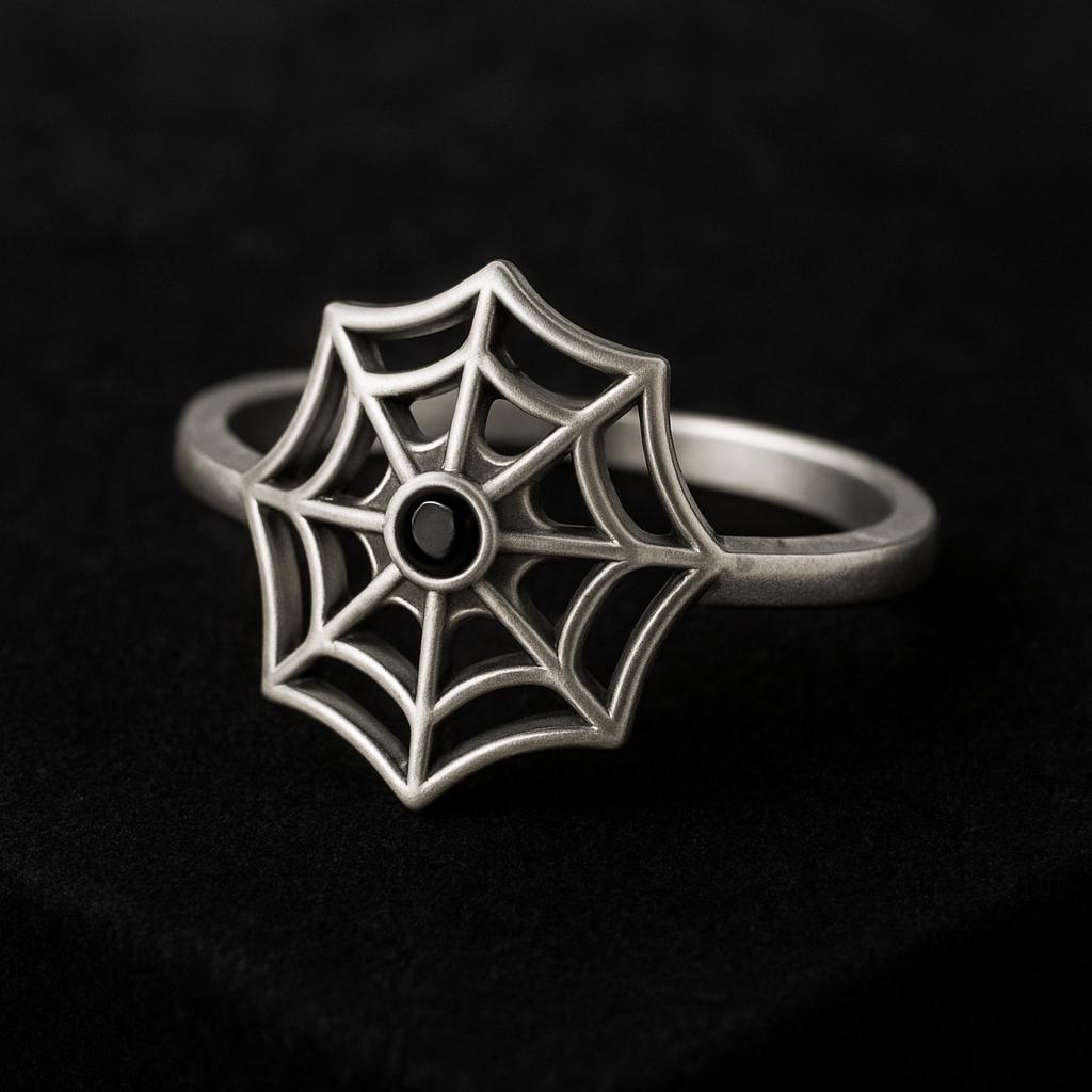 Sterling Silver Spider Web Ring: Gothic Black CZ Halloween Jewelry