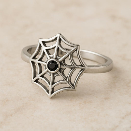 Sterling Silver Spider Web Ring: Gothic Black CZ Halloween Jewelry