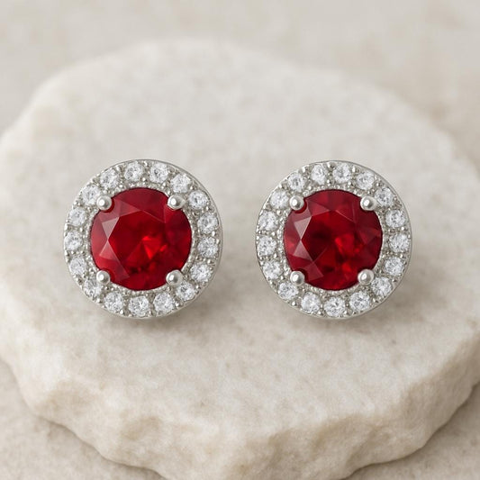 Ruby Red CZ Halo Stud Earrings | 925 Sterling Silver