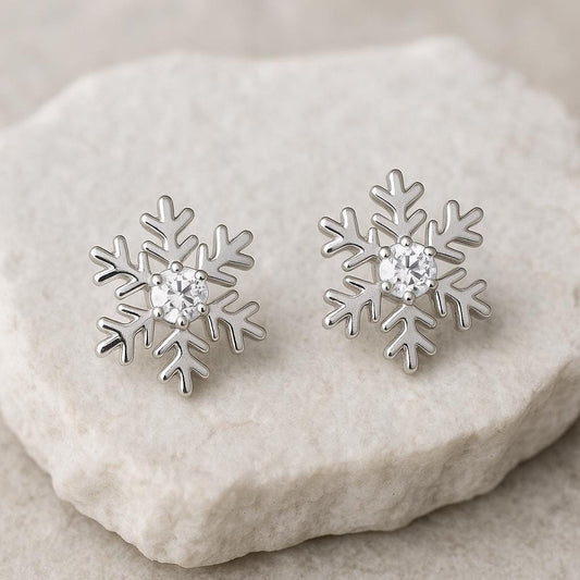 Sterling Silver Snowflake Stud Earrings | CZ Winter Jewelry
