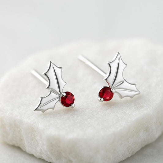 Sterling Silver Christmas Holly Earrings | Red Garnet Berry Studs