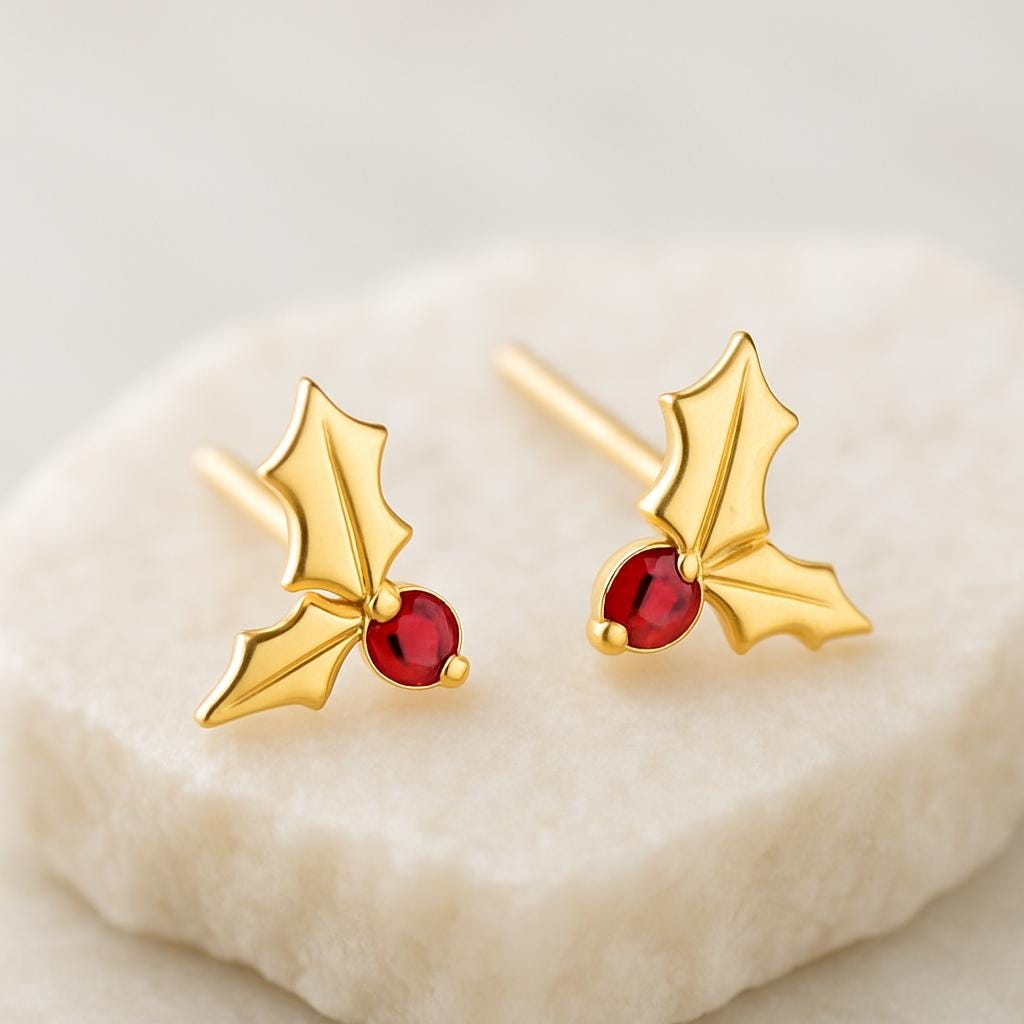 Sterling Silver Christmas Holly Earrings | Red Garnet Berry Studs