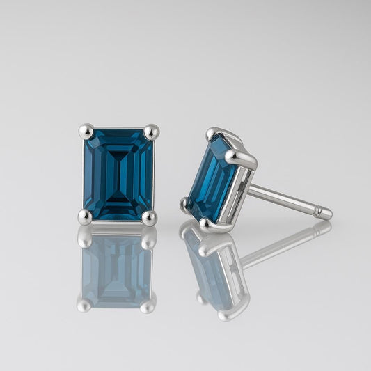 Emerald Cut London Topaz Stud Earrings: Sterling Silver December Birthstone