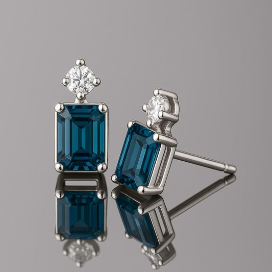 London Topaz Emerald Cut Stud Earrings: 925 Sterling Silver & CZ