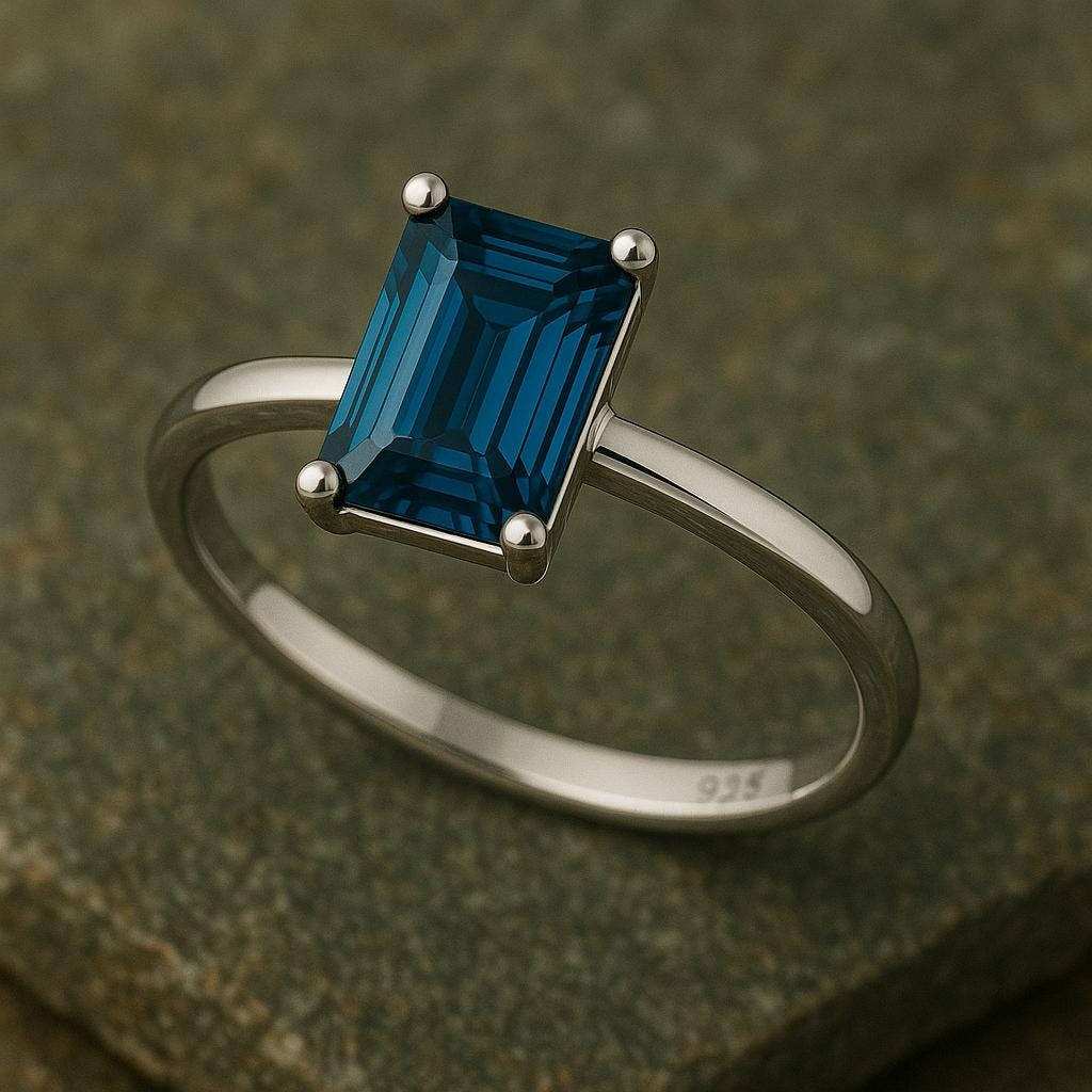 Emerald Cut London Blue Topaz Ring, 925 Sterling Silver Solitaire