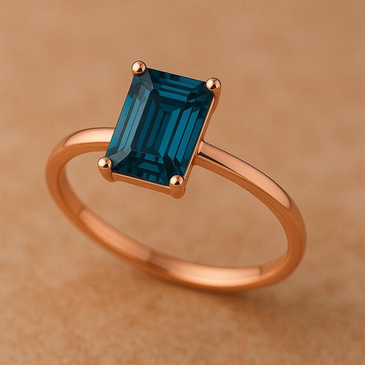 Emerald Cut London Blue Topaz Ring, 925 Sterling Silver Solitaire