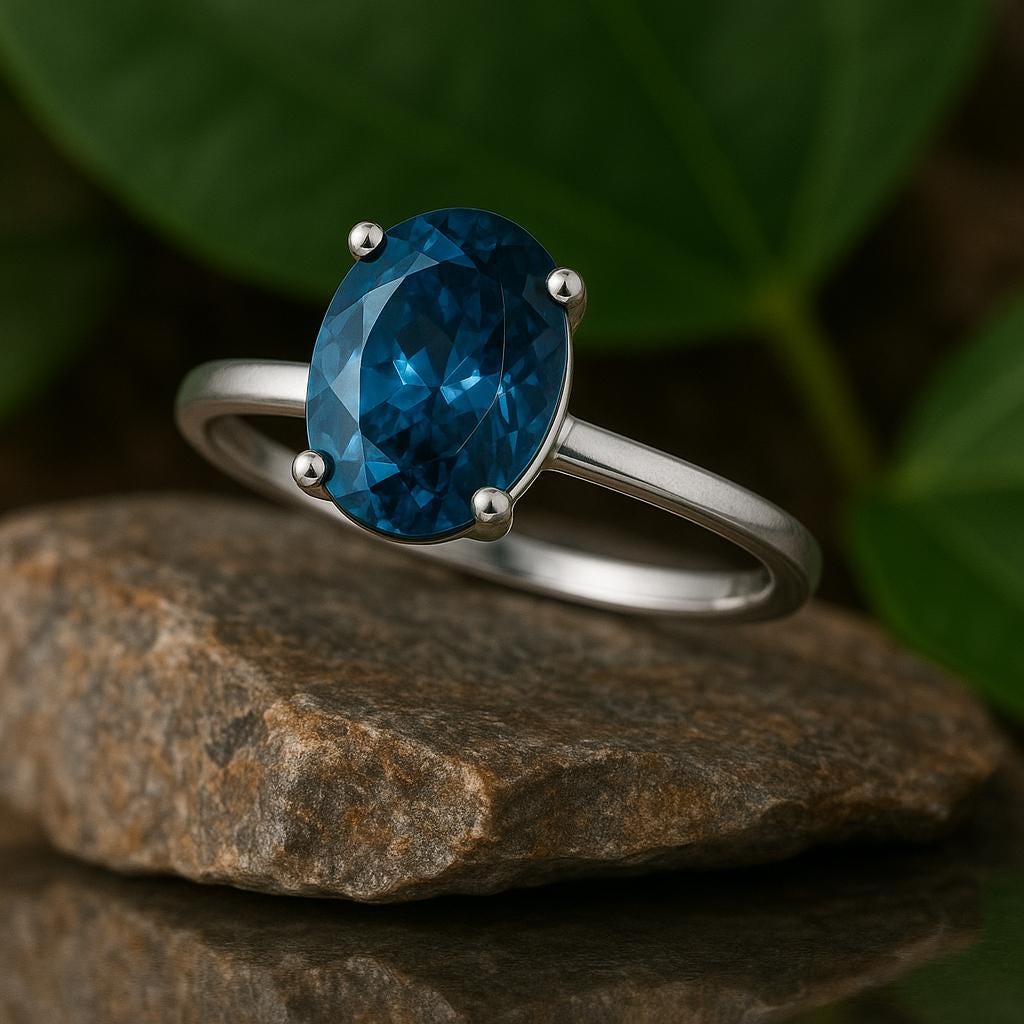London Blue Topaz Ring: Oval Solitaire, 925 Sterling Silver, December Birthstone
