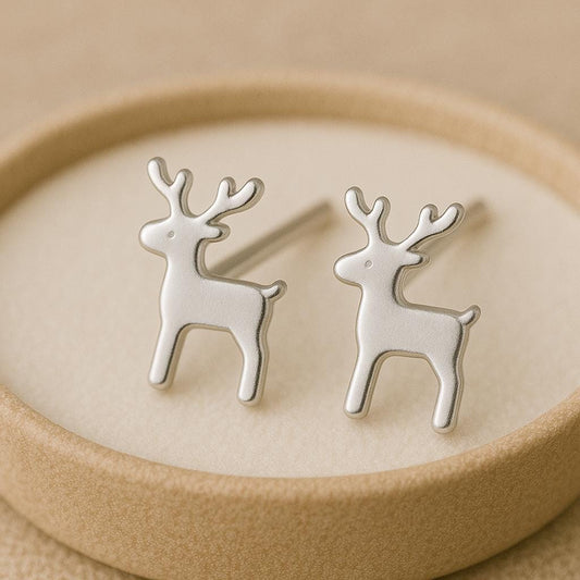 Silver Reindeer Stud Earrings 925 | Christmas Earrings | Holiday Jewelry Gift | Winter Studs | Minimalist Xmas
