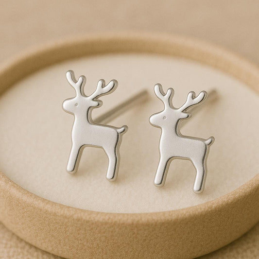 Silver Reindeer Stud Earrings 925 | Christmas Earrings | Holiday Jewelry Gift | Winter Studs | Minimalist Xmas