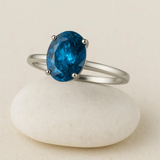 London Blue Topaz Ring: Oval Solitaire, 925 Sterling Silver, December Birthstone