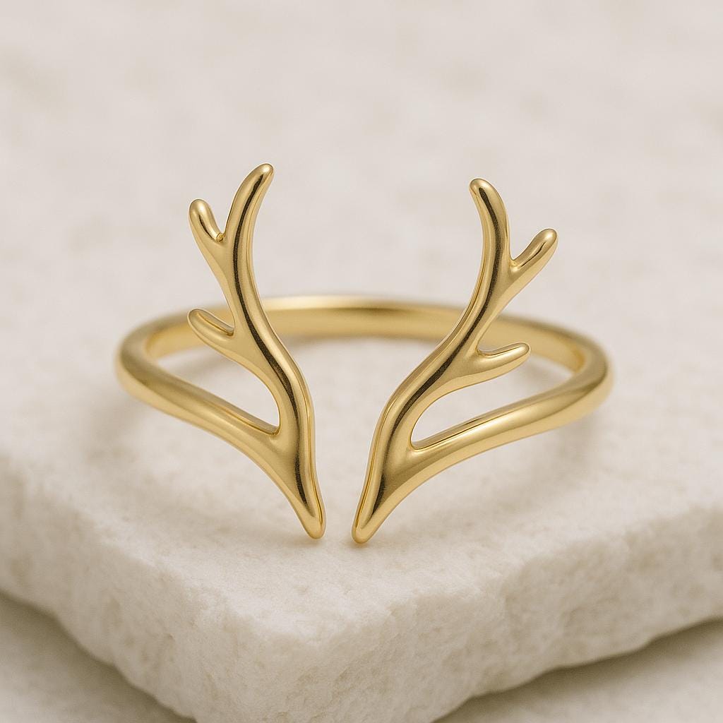 Sterling Silver Antler Ring | Minimalist Reindeer Horn Adjustable Band