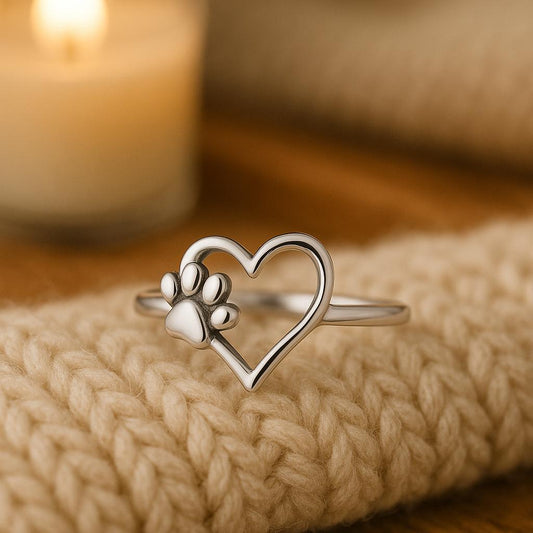 Sterling Silver Paw Heart Ring, Pet Memorial Jewelry, Minimalist Animal Lover Gift
