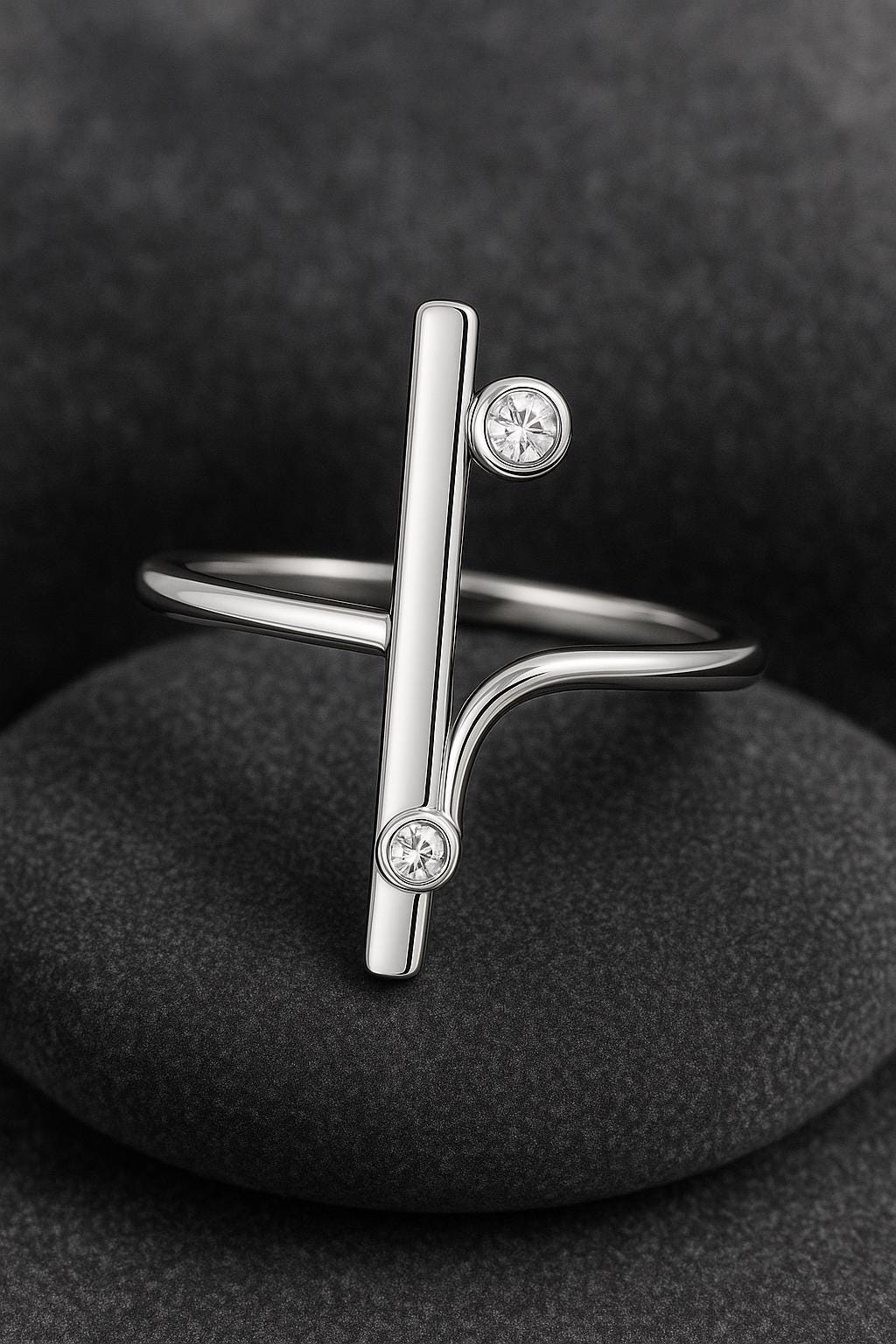 Sterling Silver Bar Ring | Minimalist CZ Geometric Adjustable Ring