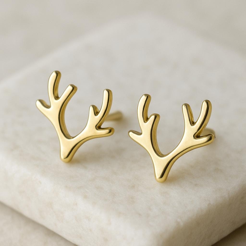 Sterling Silver Antler Stud Earrings | 925 Minimalist Reindeer Horn Earrings | Nature Inspired Christmas Gift