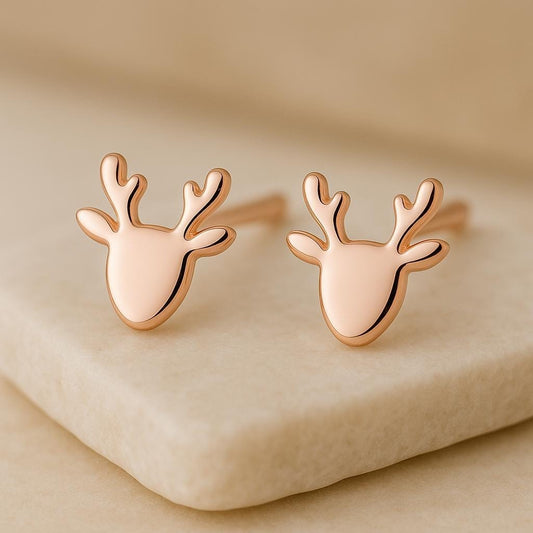 Sterling Silver Reindeer Stud Earrings | 925 Minimalist Deer Antler Earrings | Christmas Gift for Her