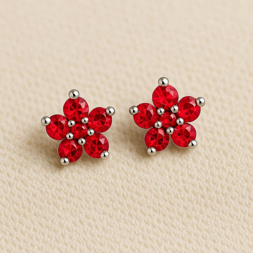 Sterling Silver Red Flower Stud Earrings | 925 Floral CZ Earrings | Gift for Her | Christmas