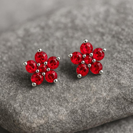 Sterling Silver Red Flower Stud Earrings | 925 Floral CZ Earrings | Gift for Her | Christmas