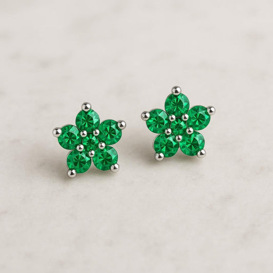 Sterling Silver Green Flower Stud Earrings | 925 Emerald CZ Earrings | Dainty Floral Jewelry