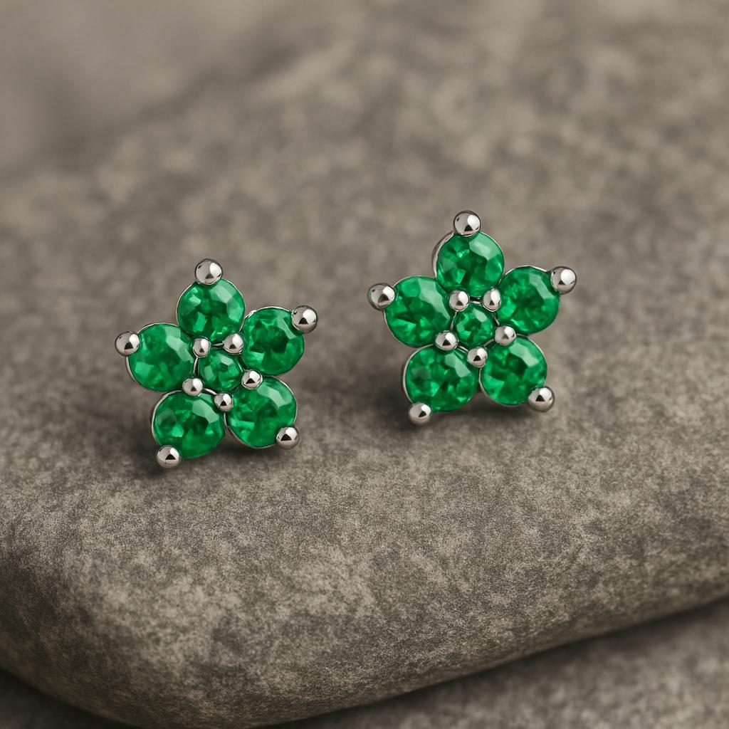 Sterling Silver Green Flower Stud Earrings | 925 Emerald CZ Earrings | Dainty Floral Jewelry