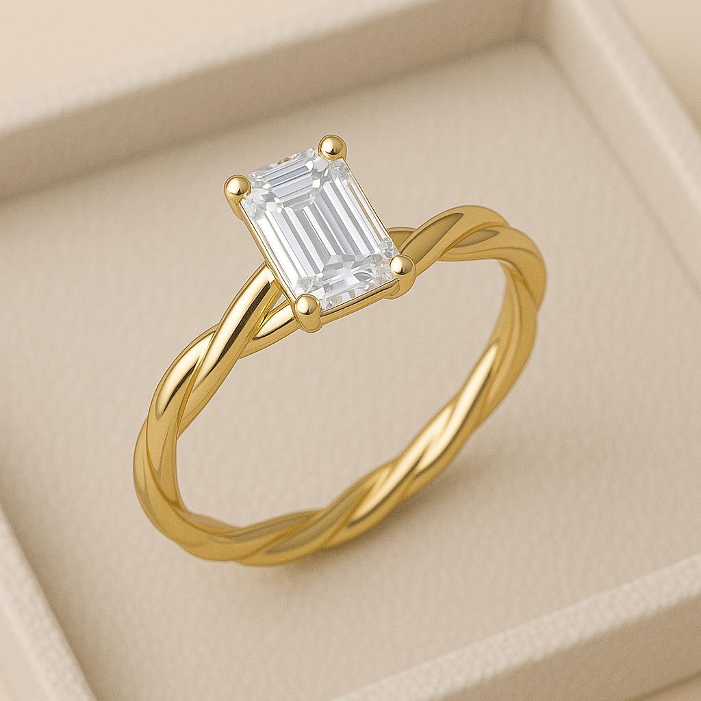 Sterling Silver Emerald Cut CZ | 925 Twisted Band Solitaire Ring | Minimalist Engagement