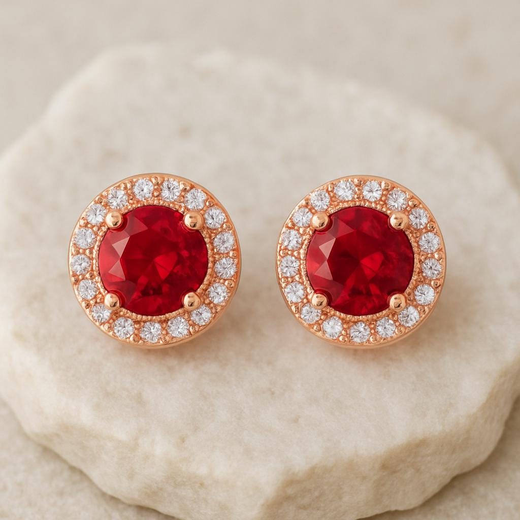 Ruby Red CZ Halo Stud Earrings | 925 Sterling Silver
