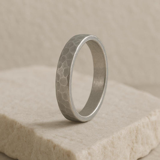 Hammered Sterling Silver Band Ring | Unisex Matte Wedding Band
