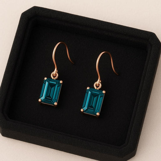 Sterling Silver London Topaz Earrings | 925 Emerald Cut Blue Drop Earrings | Minimalist Dangle Jewelry