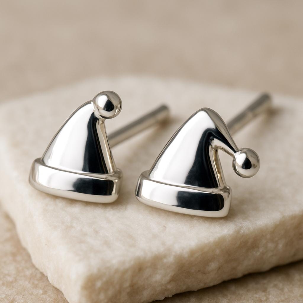Silver Santa Hat Stud Earrings 925 | Christmas Earrings | Minimalist Festive Jewelry | Xmas Party Accessory