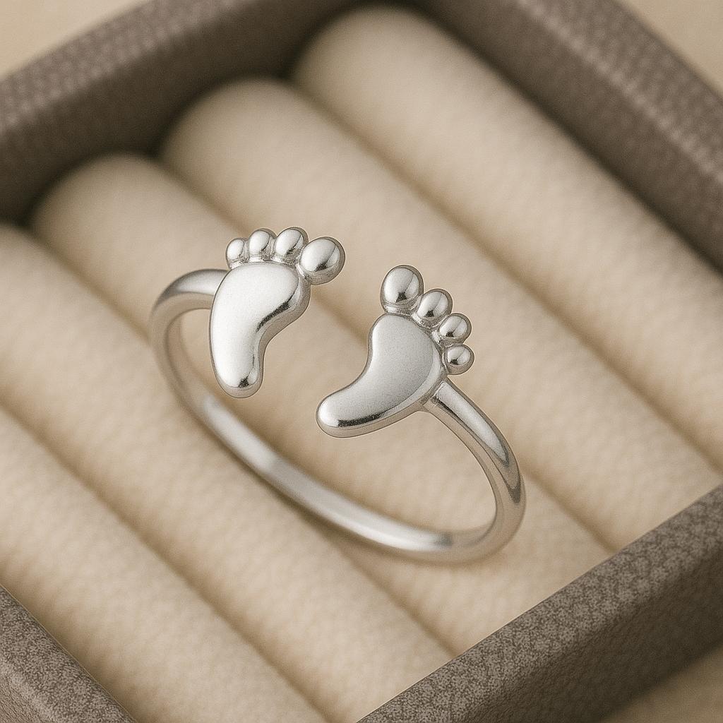 925 Silver Baby Feet Ring ⢠Adjustable Footprint Band ⢠Minimal Mom Jewelry ⢠Sterling Mother Ring