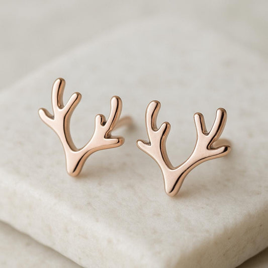 Sterling Silver Antler Stud Earrings | 925 Minimalist Reindeer Horn Earrings | Nature Inspired Christmas Gift