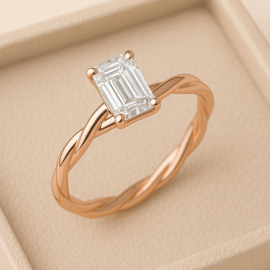 Sterling Silver Emerald Cut CZ | 925 Twisted Band Solitaire Ring | Minimalist Engagement