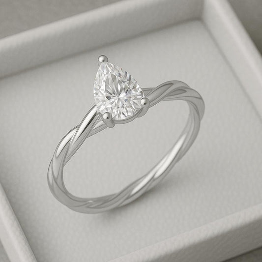 Sterling Silver Pear Cut CZ | 925 Twisted Band Solitaire Ring | Minimalist Engagement Promise Ring