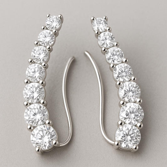 Sterling Silver CZ Ear Climber Earrings | 925 Graduated Stone Crawlers | Minimalist Curve Earrings