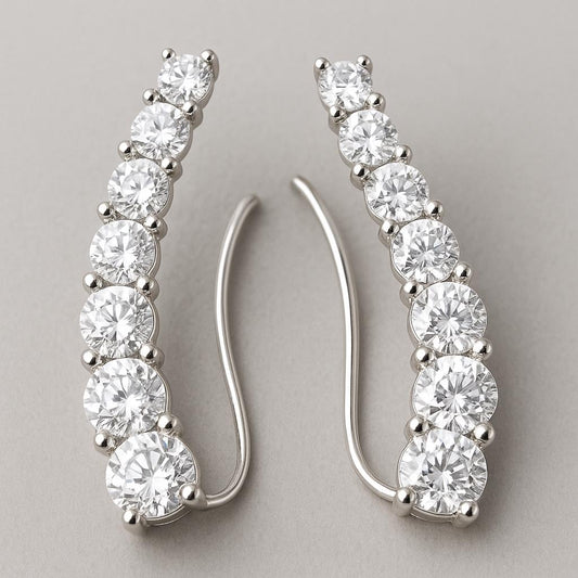 Sterling Silver CZ Ear Climber Earrings | 925 Graduated Stone Crawlers | Minimalist Curve Earrings