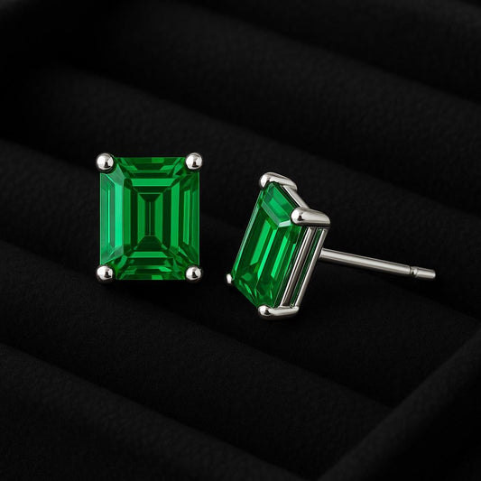 Sterling Silver Emerald Cut Green CZ Stud Earrings | 925 Silver Rectangular Gemstone