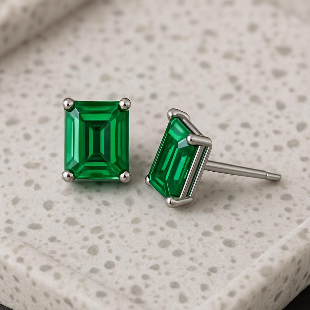 Sterling Silver Emerald Cut Green CZ Stud Earrings | 925 Silver Rectangular Gemstone