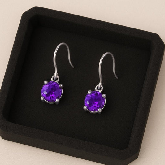 Sterling Silver Amethyst Earrings | 925 Round Cut Purple Drop Earrings | Elegant Dangle Jewelry Gift