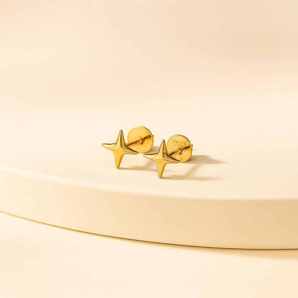 Star Earrings Silver 925 ⢠Minimal North Star Studs ⢠Dainty Shiny Starburst Flat Back/Screw