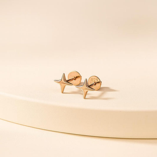 Star Earrings Silver 925 • Minimal North Star Studs • Dainty Shiny Starburst Flat Back/Screw
