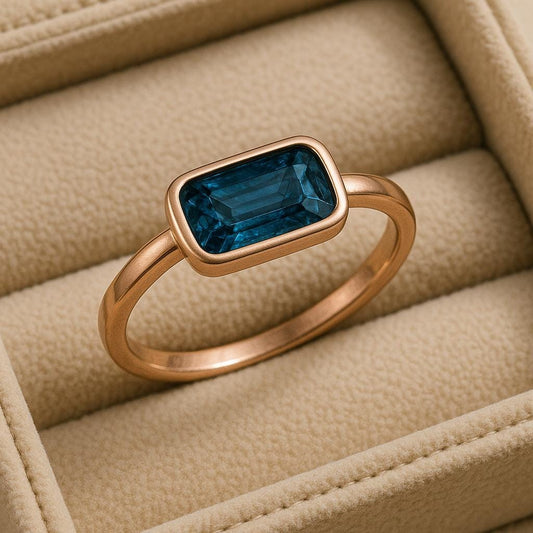 Sterling Silver London Blue Topaz Ring Bezel Set Emerald Cut Minimalist Gift Jewelry