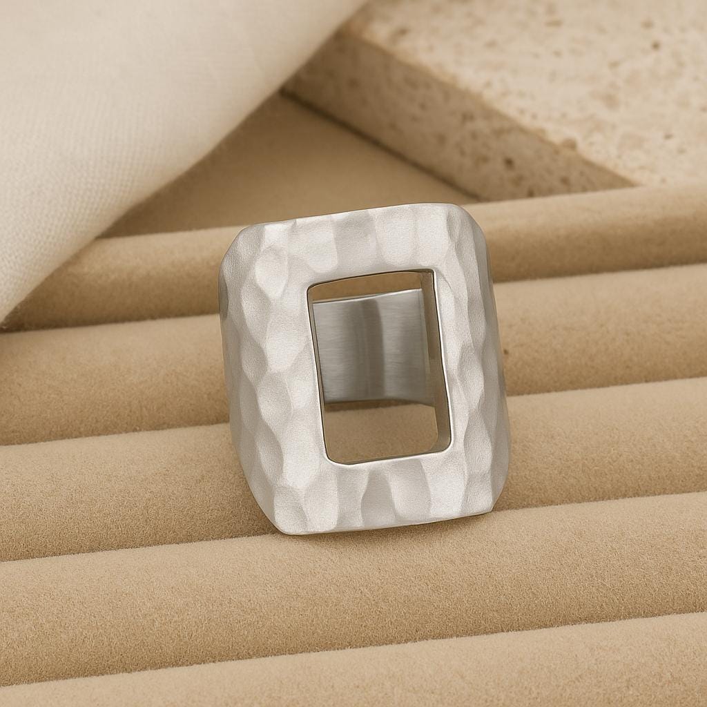 Hammered Rectangle Cutout Ring | Silver 925 Wide Band | Modern Geometric Statement Ring |