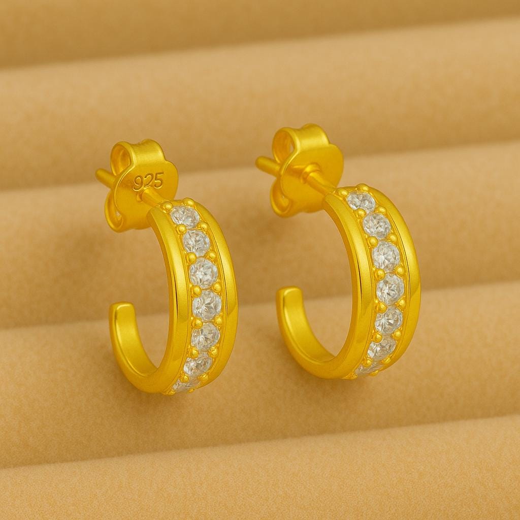 925 Silver CZ Huggie Earrings | Small Half Hoop Studs | Minimal Everyday Jewelry