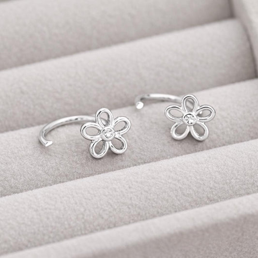 925 Silver Flower Ear Cuff | CZ Floral Stud | Minimal Silver Wrap | Dainty Jewelry