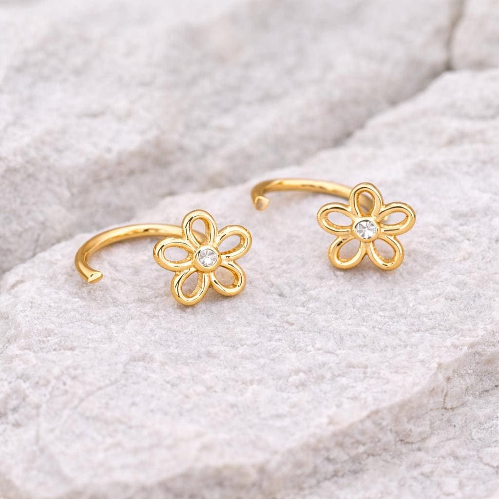925 Silver Flower Ear Cuff | CZ Floral Stud | Minimal Silver Wrap | Dainty Jewelry