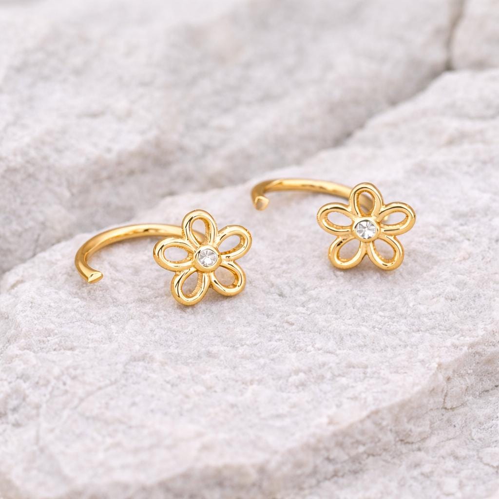 925 Silver Flower Ear Cuff | CZ Floral Stud | Minimal Silver Wrap | Dainty Jewelry