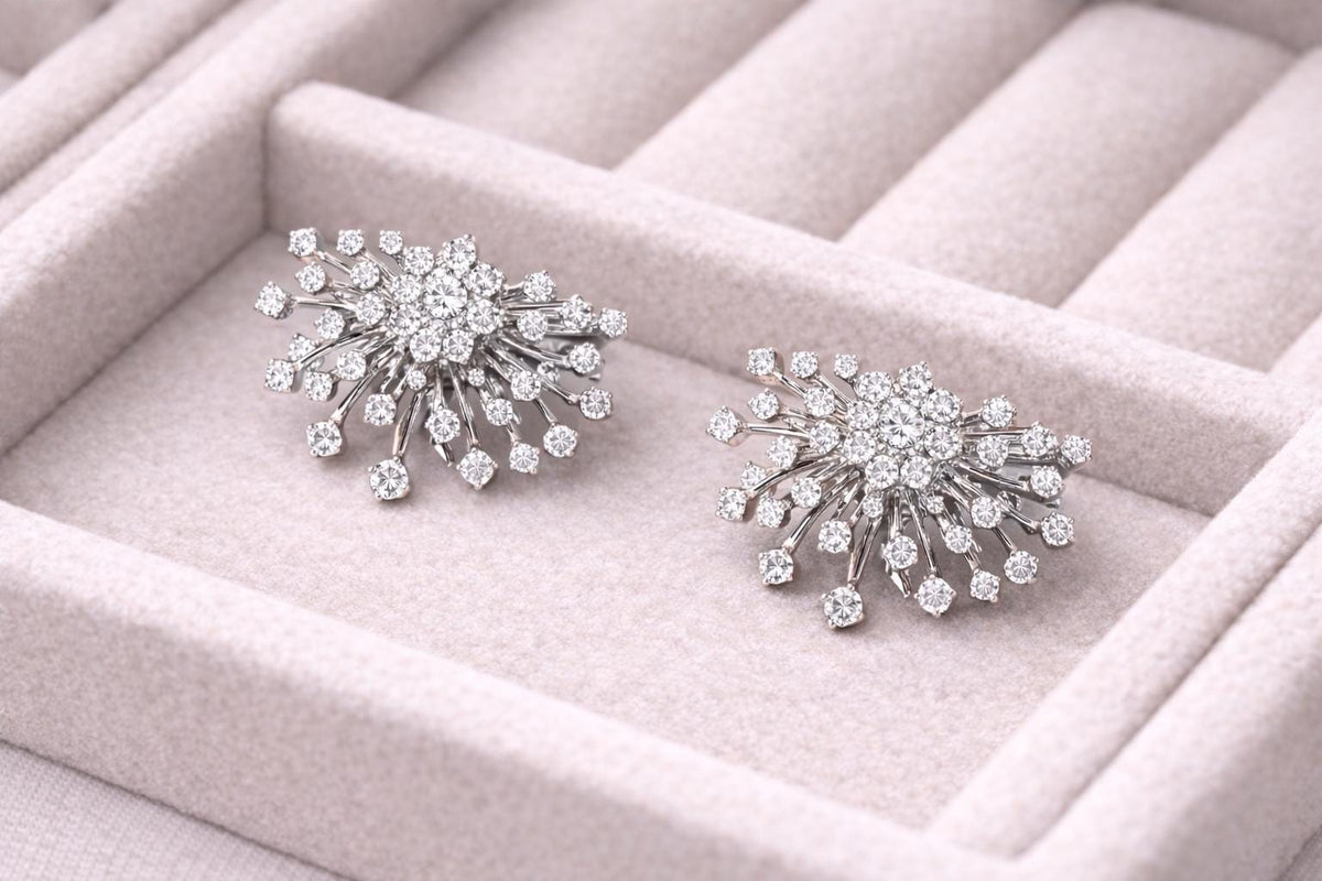 CZ Sunburst Studs, 925 Sterling Silver Firework Earrings