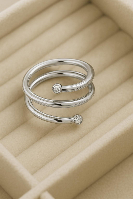 925 Silver Wrap Ring Minimalist Double Coil Ring Adjustable with CZ Dainty Open Band