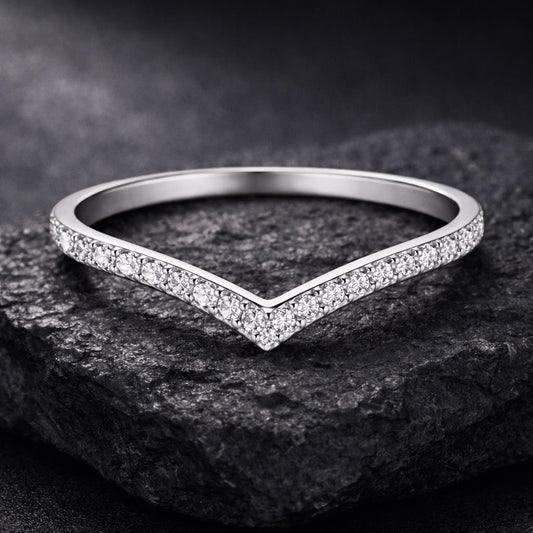Chevron CZ Ring 925 Silver | V Shape Wedding Band | Minimal Stacking Ring | Dainty Diamond Look