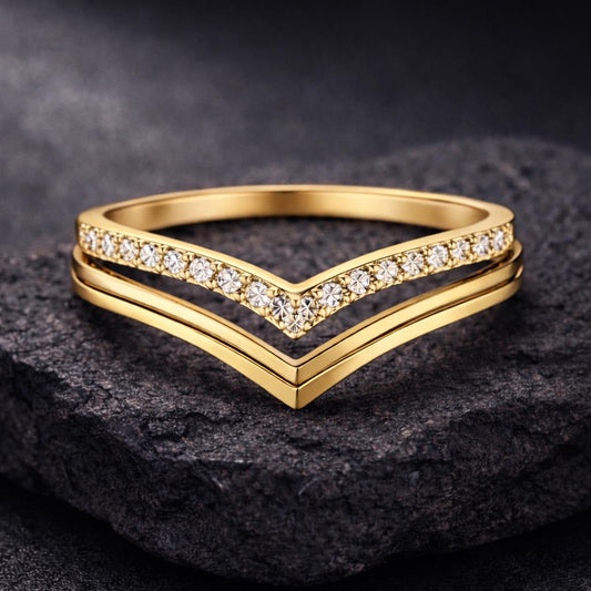Double Chevron CZ 925 Silver | V Shape Stacking Ring | Wedding Band Set | Minimal Diamond Look