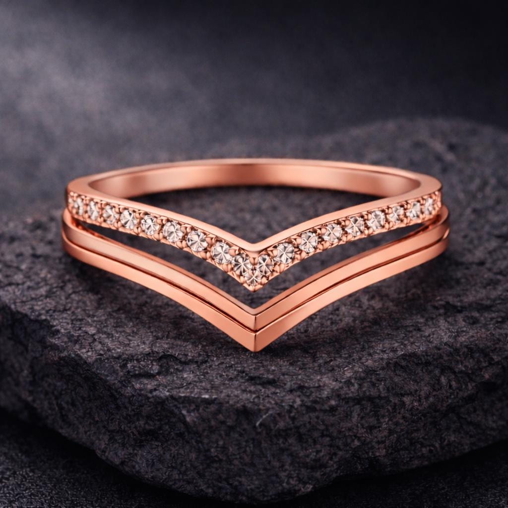 Double Chevron CZ 925 Silver | V Shape Stacking Ring | Wedding Band Set | Minimal Diamond Look